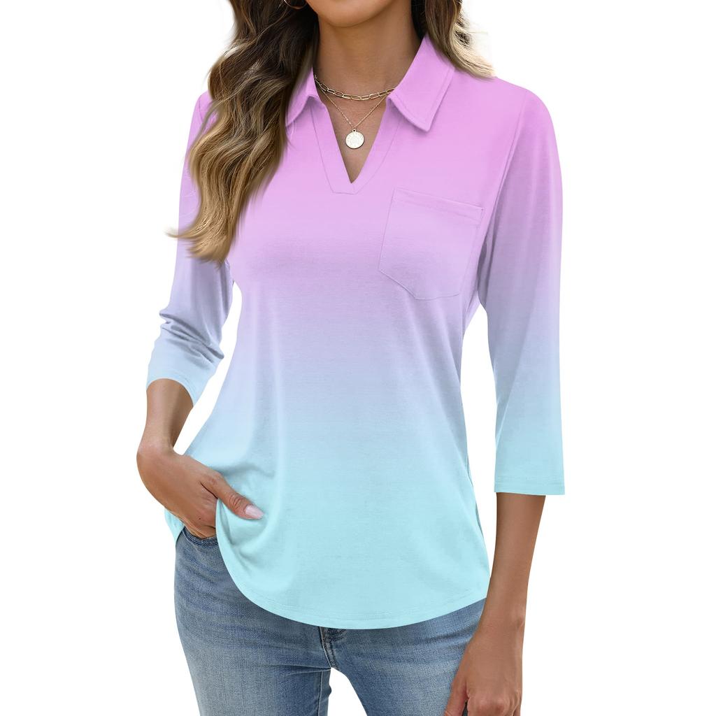 Damen Mode Lässig Revers Kurz 3/4 Ärmel Print Hemd Damen Oberteile