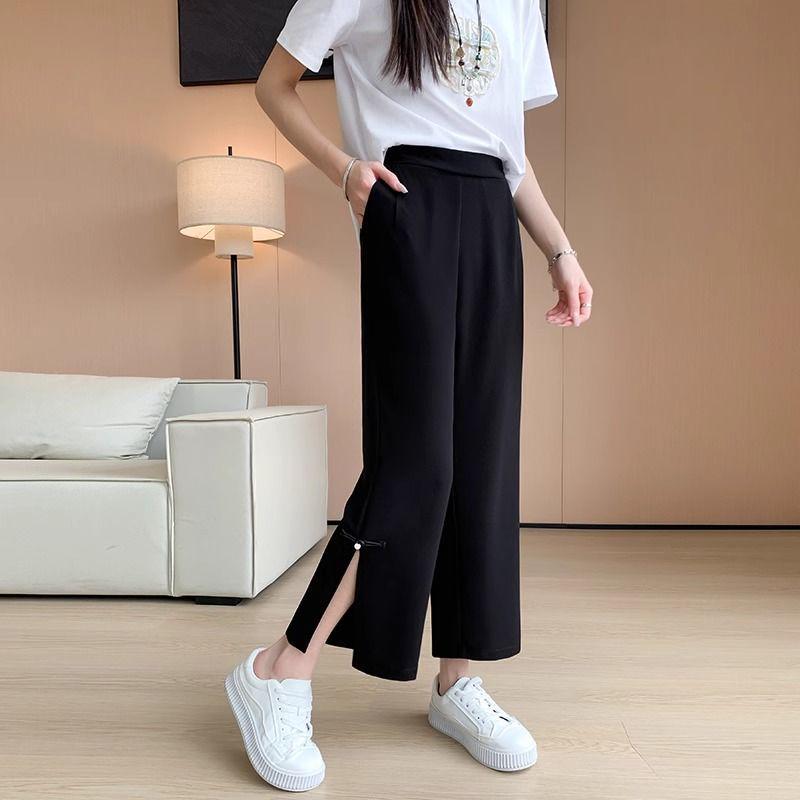 2026 Women's Chinese Style Wide-Leg Slit Pants - Summer, Loose, Slimming, Drape, Plus Size, Nine-Point Length