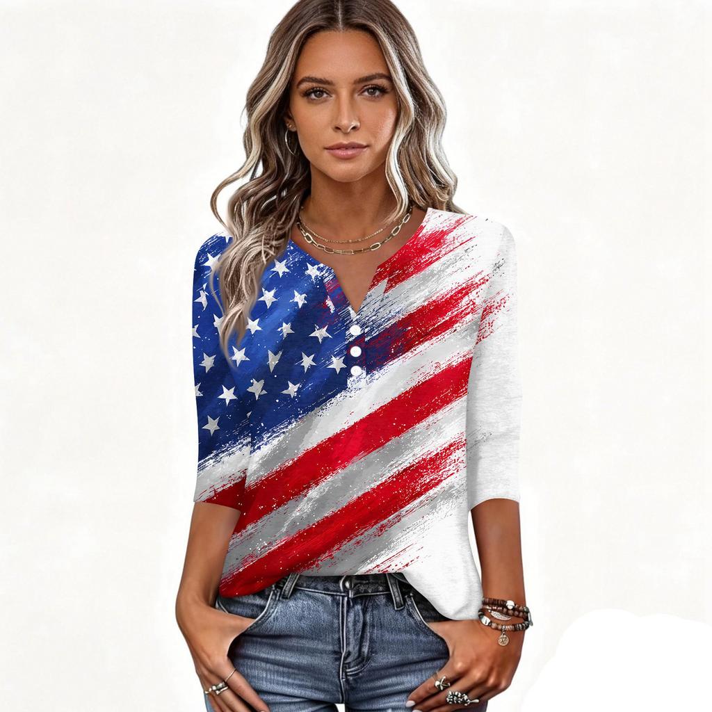 Women's T Shirt Independence Day Print Button 3/4 Sleeve Daily Weekend Fashion Basic V- Neck Regular Top
