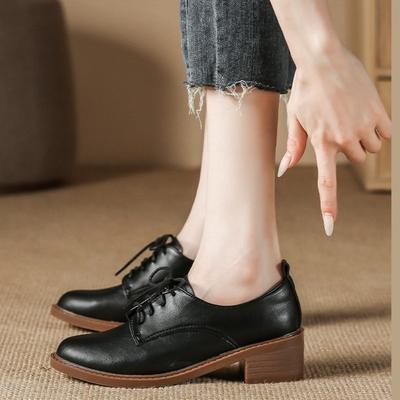 Fashion 2025 Solid Color Office Shoes Lace Up Round Toe Soft Bottom Thick Heels Leisure Pumps Leather Comfortable Mid Heels Women Shoes
