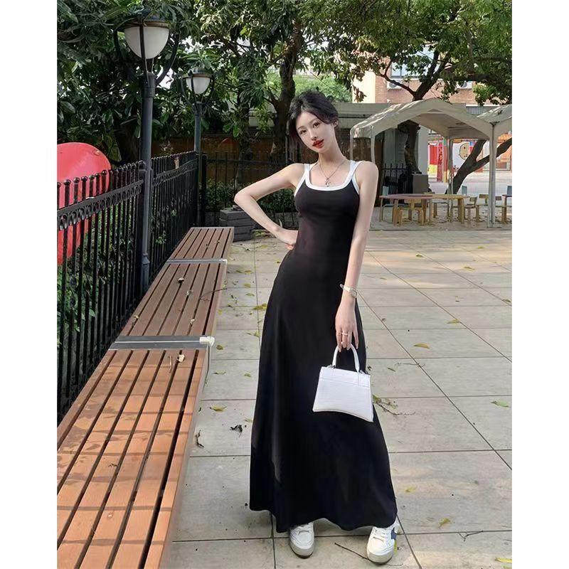 Black suspender dress women's summer new American Spice Girl long French coffee break skirt waist temperament suspender skirt