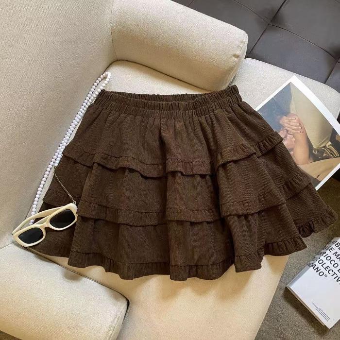Autumn/Winter 2025 Korean Style Corduroy Skirt: High Waist, Sweet Ruffles, Pleated Double Layer, Fluffy Short Skirt.