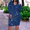 Women Plus Size V Neck Long Sleeve Floral Printed Navy Blue Fitted Dress