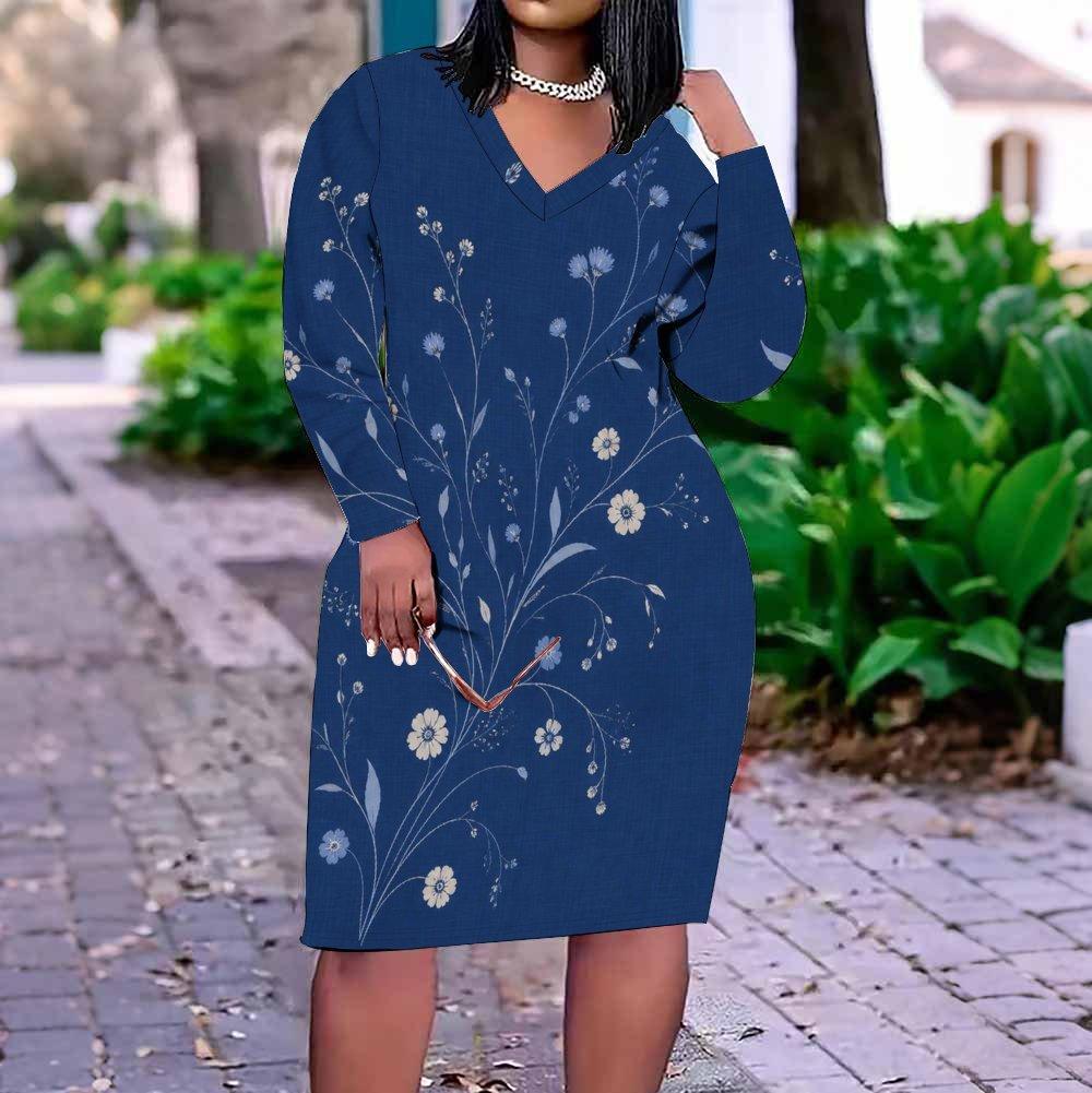 Women Plus Size V Neck Long Sleeve Floral Printed Navy Blue Fitted Dress