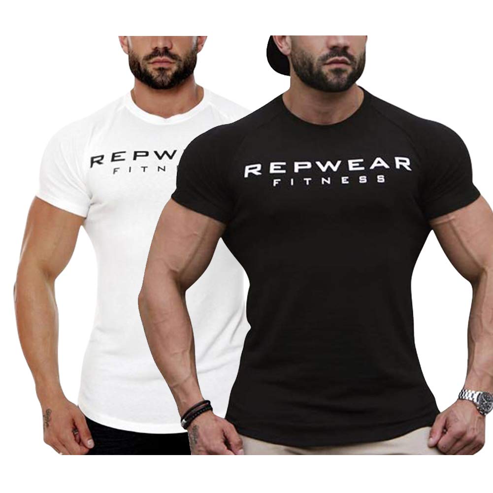 MECH-ENG Men's Training Wear T-Shirt, Short Sleeve, 2-Pack, Stretch Sports Shirts for Strength Training and Fitness, Black + White, XL