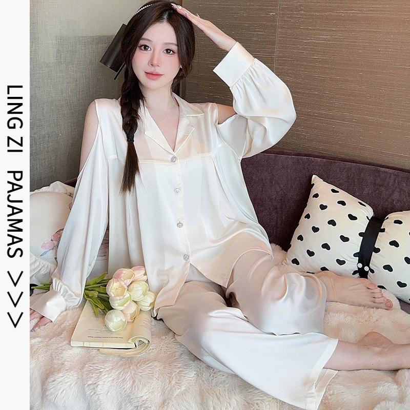 1011 New Ice Silk Pajamas Women's Hollow Shoulder Set Solid Color High-end Long-sleeved Trousers Loungewear Can Be Worn Outside