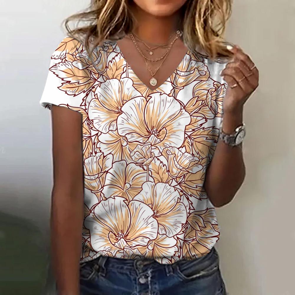 Women's T-shirt Floral Print Summer Loose and Comfortable Short-sleeved Pattern V-neck Casual T-shirt Casual Elegant Clothing