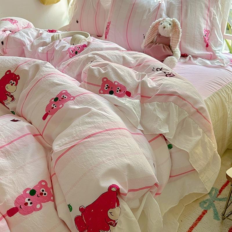 Small Fresh Pure Cotton Four-piece Set Lace Korean Version Princess Style Washed Cotton Bed Skirt Quilt Cover Cream Style Bedding