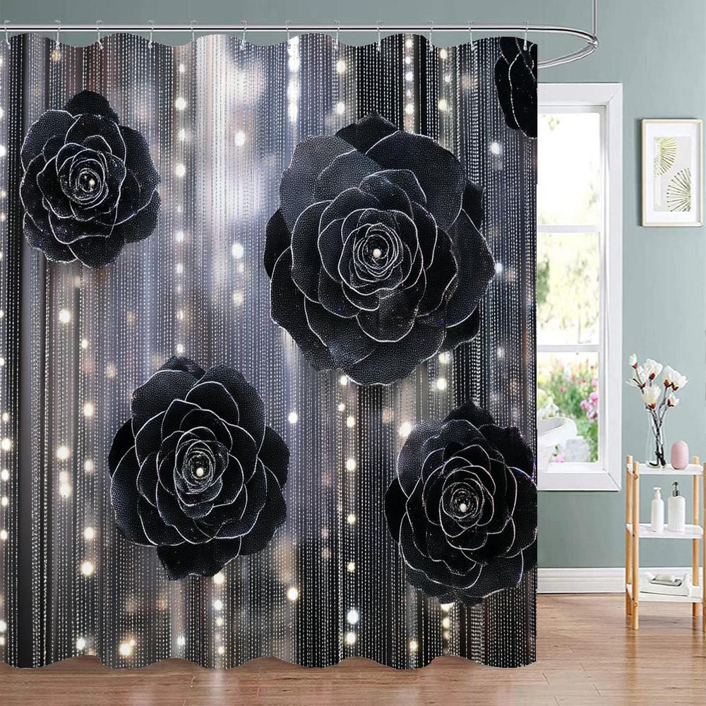 

Shiny Black Rose Flowers Printed Fabric Shower Curtain, Bathroom Decorative Shower Curtain, Waterproof Shower Curtain With Hooks W60H190(CM)-1 Pcs