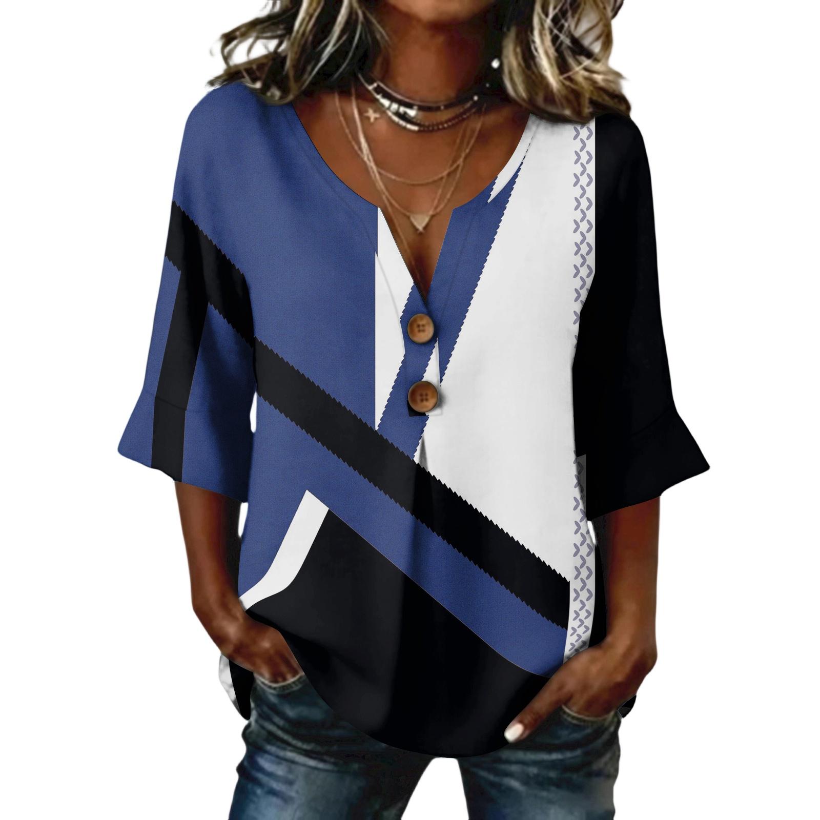 

Ladies floral print button casual V-neck fashionable seven quarter sleeve top XL