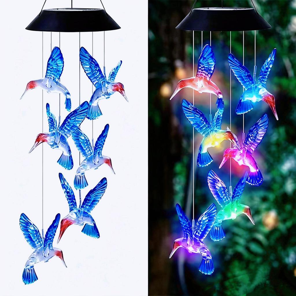 Solar Blue Hummingbird LED Wind Chime Light for Courtyard Landscape