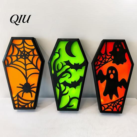 Halloween Ghost Spider Decoration Casket Decor, DIY Bat Ornament with Lights, Atmosphere Lighting Spooky Graveyard Scene Prop for Party