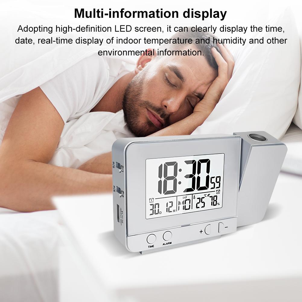 Projection Alarm Clock Backlight Desk Clock 180° Rotatable Projector 12/24H USB Charger 4-Level Brightness Dimmer for Bedroom