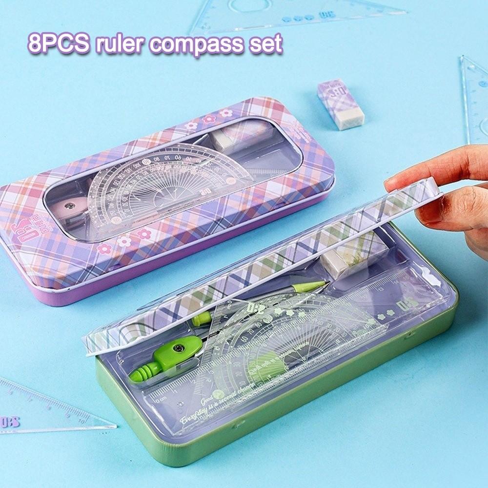 8PCS Eraser Protractor Plastic Triangle Ruler Portable Ruler Compasses Set  School Office
