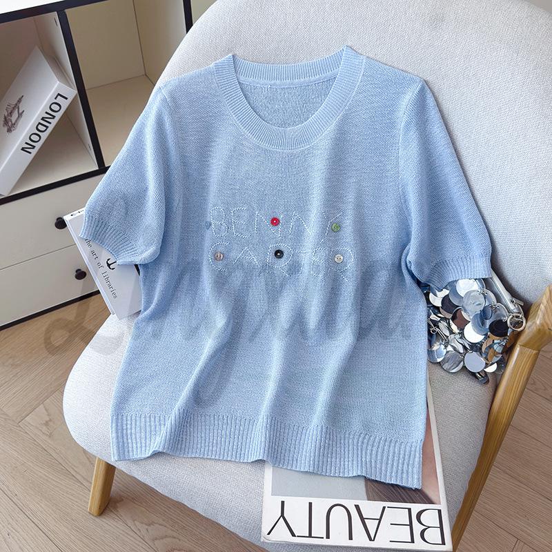 

2026 Summer Versatile Embroidered Ice Silk Tencel Knit Women s T-Shirt One Size синій