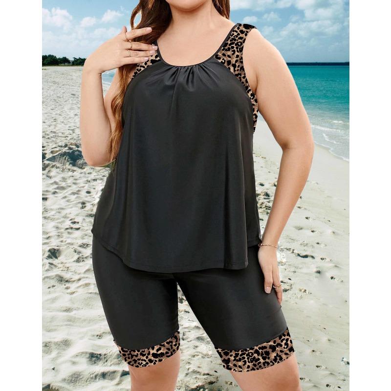 Plus Size Modest Tankini Set, Women's Plus Graphic Print Round Neck Tank Top & Shorts Swimsuit 2 Piece Set