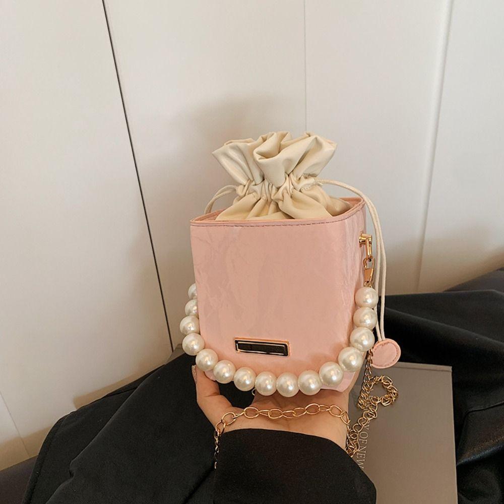 Square Drawstring Crossbody Bag Pearl Luxury Shoulder Bag Trendy Women Bucket Bag  Outdoor