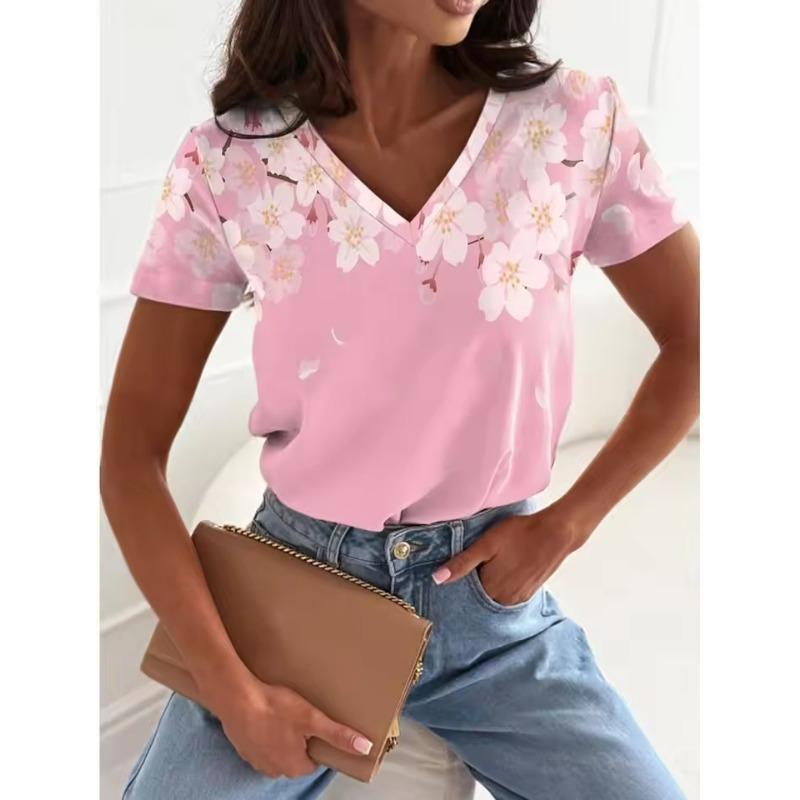 Summer Women's T-Shirt Y2k Women's T-Shirt 3D Gradient Floral Print V-Neck Short Sleeve Shirt Fashion Ladie T-Shirt Clothing
