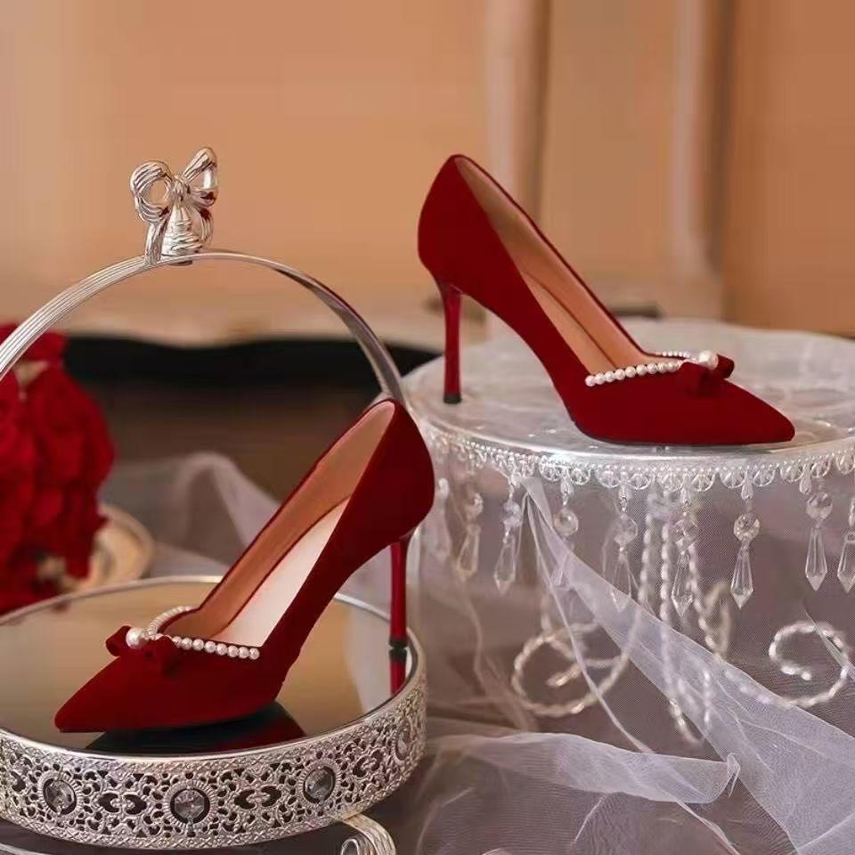 2025 spring and autumn new wedding shoes show clothes wedding dress two wear single shoes bride shoes thin heel pearl red high heels