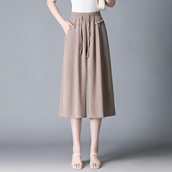 Women Casual Pants Elastic High Waist Adjustable Lace-up Wide Leg Cropped Pants Solid Color Loose Fit Lounge Culottes