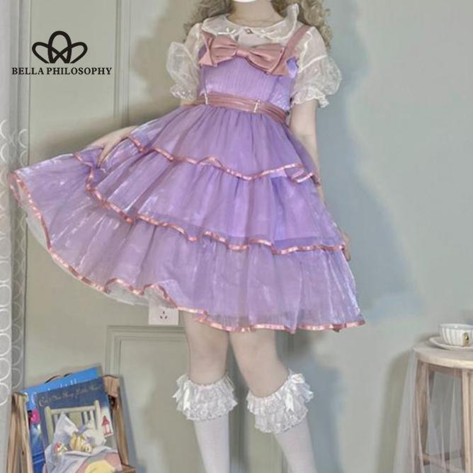 Lolita Guardian Sweetheart Bow Cake Dress Słodka JK Pończoch Drukuj Siatka Bufiasta sukienka księżniczki Kobieta