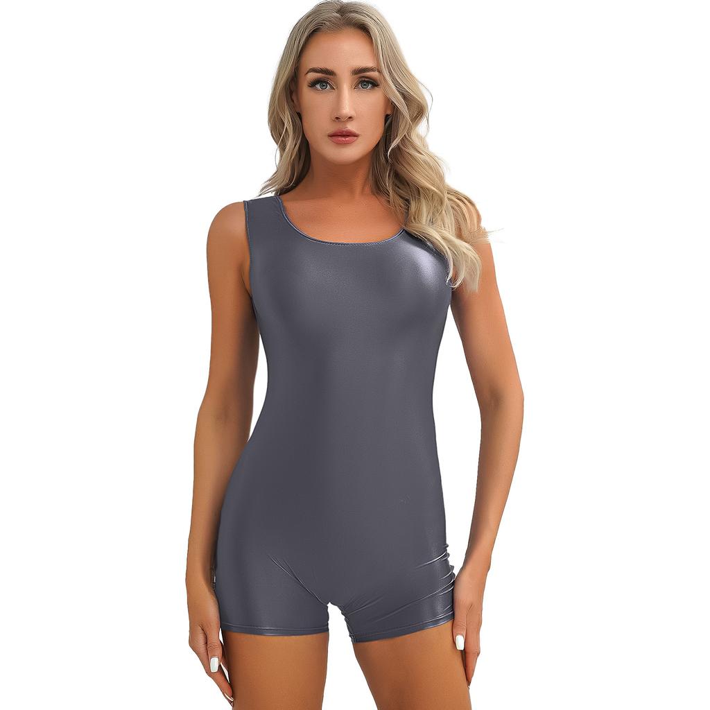 Womens Glossy Sleeveless Short Jumpsuit Solid Color U Neck Bodysuit