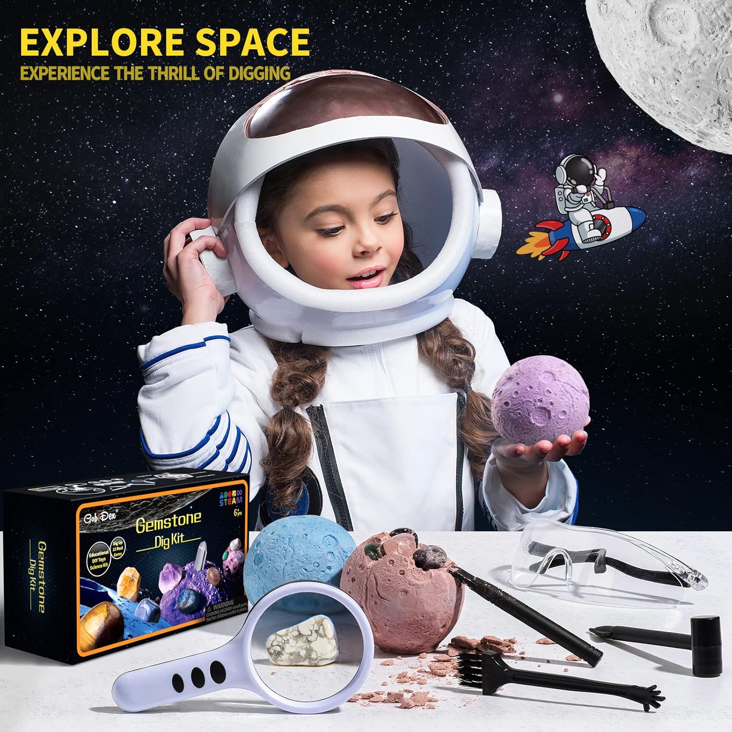 GobiDex Gemstones Dig Kit, Solar System Science Kit for Kids, Excavate 15 Real Gems, STEM Educational Space Toys Planet Collection Kit, Archaeology