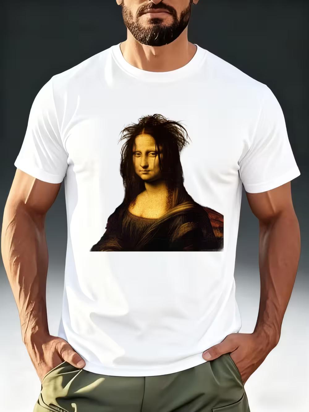 Men S Quirky Art Style T-Shirt Featuring a Mona Lisa Meme Theme with a Humorous Print of  Frizzy Mona Lisa  S