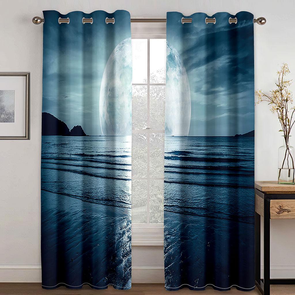 The Beach In the Moonlight Scenery Mediterrane 2 Panels Free Shipping Thin Curtain for Window Drape Living Room Bedroom Decor
