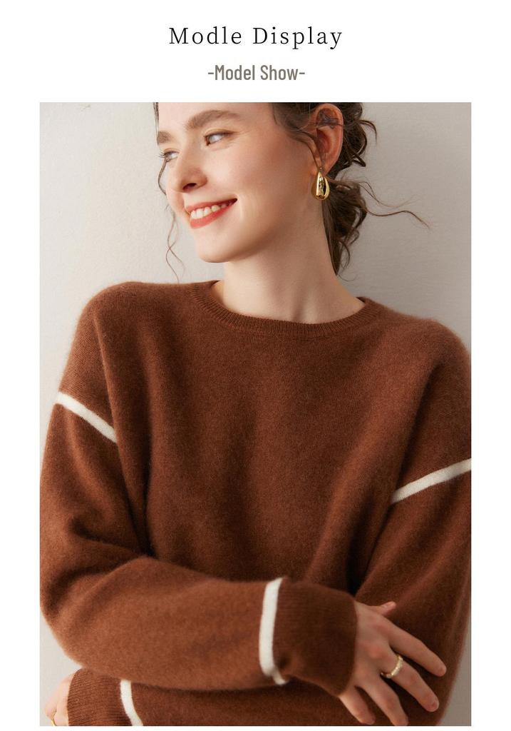 Lekasha 2026 Autumn Contrasting Color Cashmere Pullover - Thickened, Loose Fit, Round Neck, Short Style Sweater