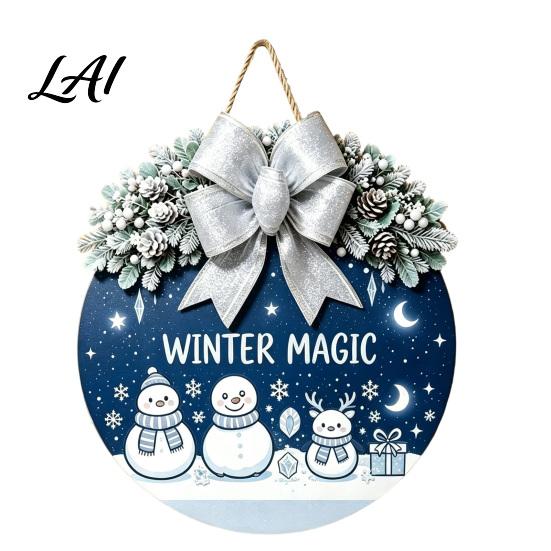 Seasonal Wall Art Christmas Wooden Welcome Sign for Front Door Round Hanging Ornament with Gift Artificial Pine Branches & Bow Decor Holiday