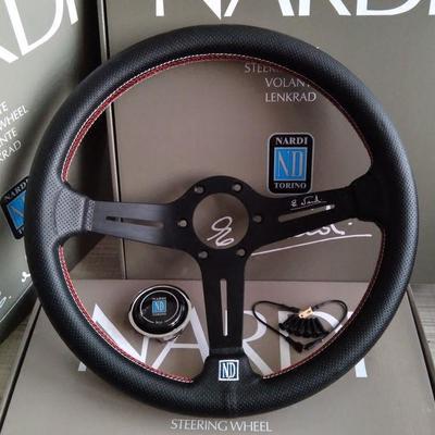 14" Center Concave Leather Racing Steering Wheel - Red/White Stitch, Black Frame, Universal Fit by NARDI