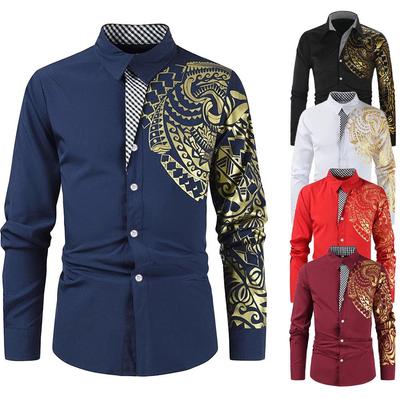Camisas sociais masculinas Camisa social masculina Casual Streetwear Preto Estampado em ouro Camisa estampada Design Gola virada para baixo Tops masculinos