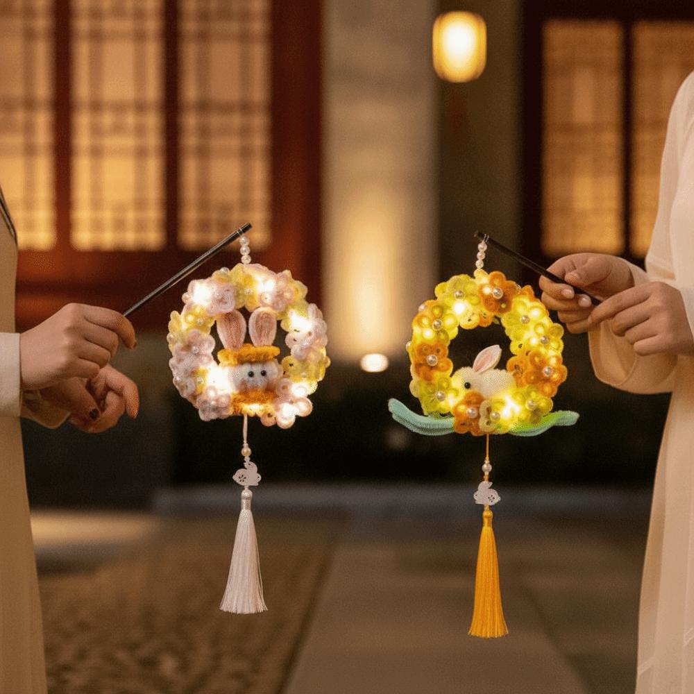 Handmade Rabbit Hoop Lamp Glowing Chenille Stems Craft Bunny Wreath Lantern  Mid-Autumn Festival