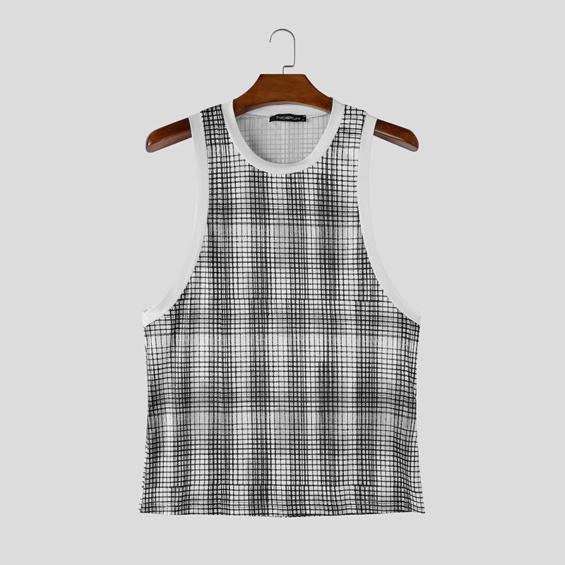 INCERUN Men Sleeveless Plaid Print Casual Sport Athletic Long Tank Tops Vest