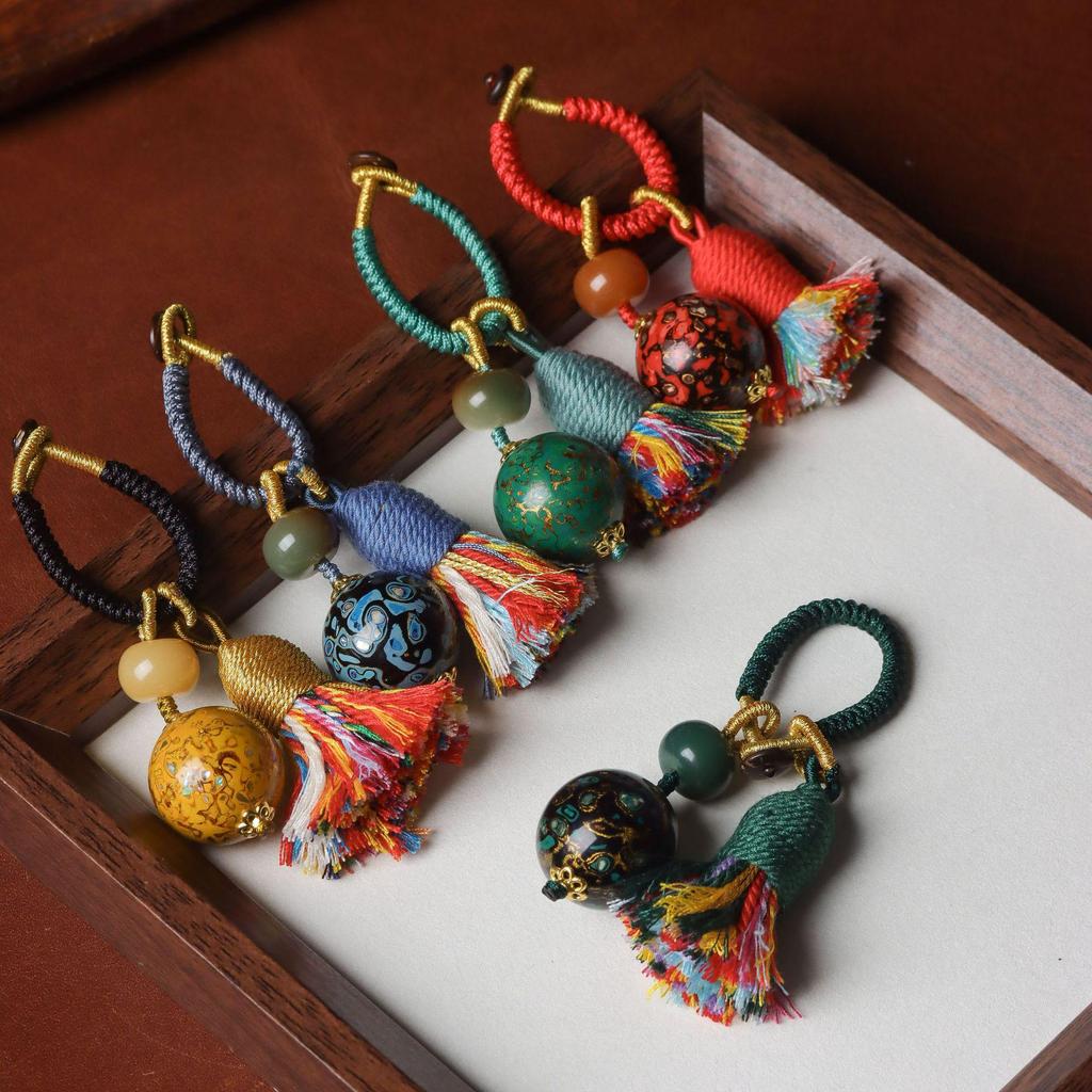 Handmade Cotton Thread Keychain with Mother-of-Pearl Lacquer Beads - New Chinese Style