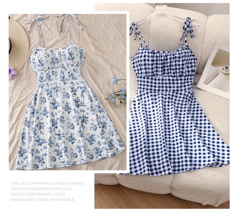 French Floral Gradient Spaghetti Strap Dress - Elastic Waist, Summer Vacation Style
