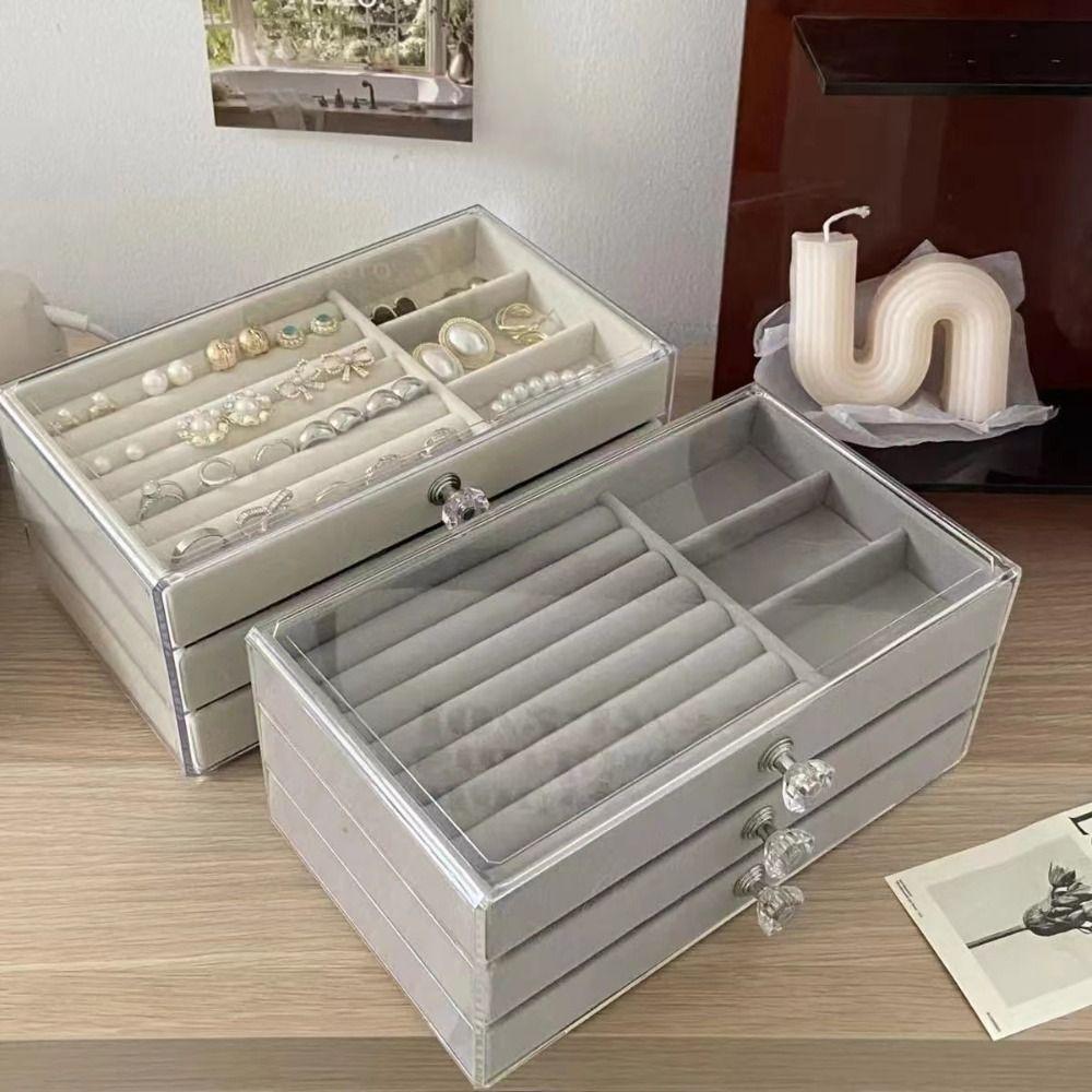 Transparent Jewelry Storage Box Dust-proof Earrings Jewelry Box Three Drawer Jewelry Box  Storage