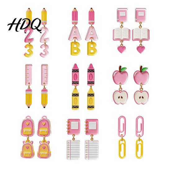 Youthful Look Fashion Accessories 1 Pair Teacher Earrings for Women Cute 2D Acrylic Crayon Pencil Backpack Stationery Themed Jewelry Teachers Number