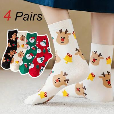 4 Pairs Women Christmas Printed Stocks Fashionable Versatile Cute Cartoon Holiday Socks Soft Comfortable Elastic Long Stockings