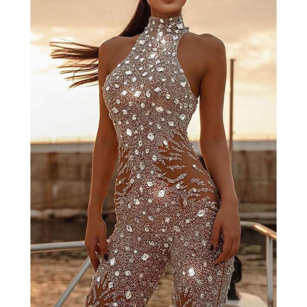 Fall Winter New Women's Gold Foil Sexy Sleeveless Long Jumpsuit Dropshipping