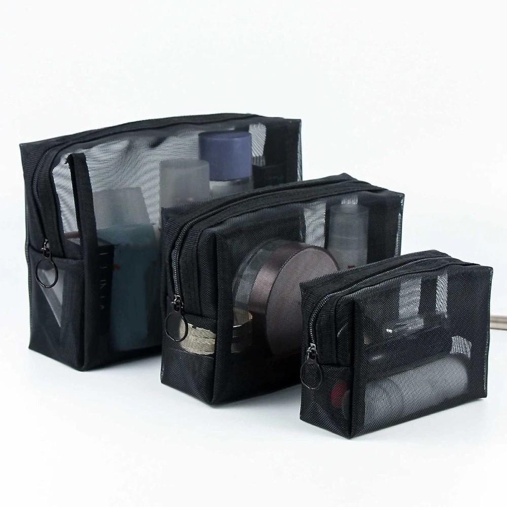 New Black Mesh Cosmetic Bag Zipper Closure Portable Makeup Bag Clear Mesh Multi-functional Toiletry Bag Travel Use