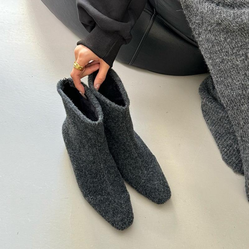 Vintage Wollstoff Damen Stiefeletten mit dickem Absatz Mode Tanzpartyschuhe Herbst Winter Damen Schlanke Kurze Stiefeletten