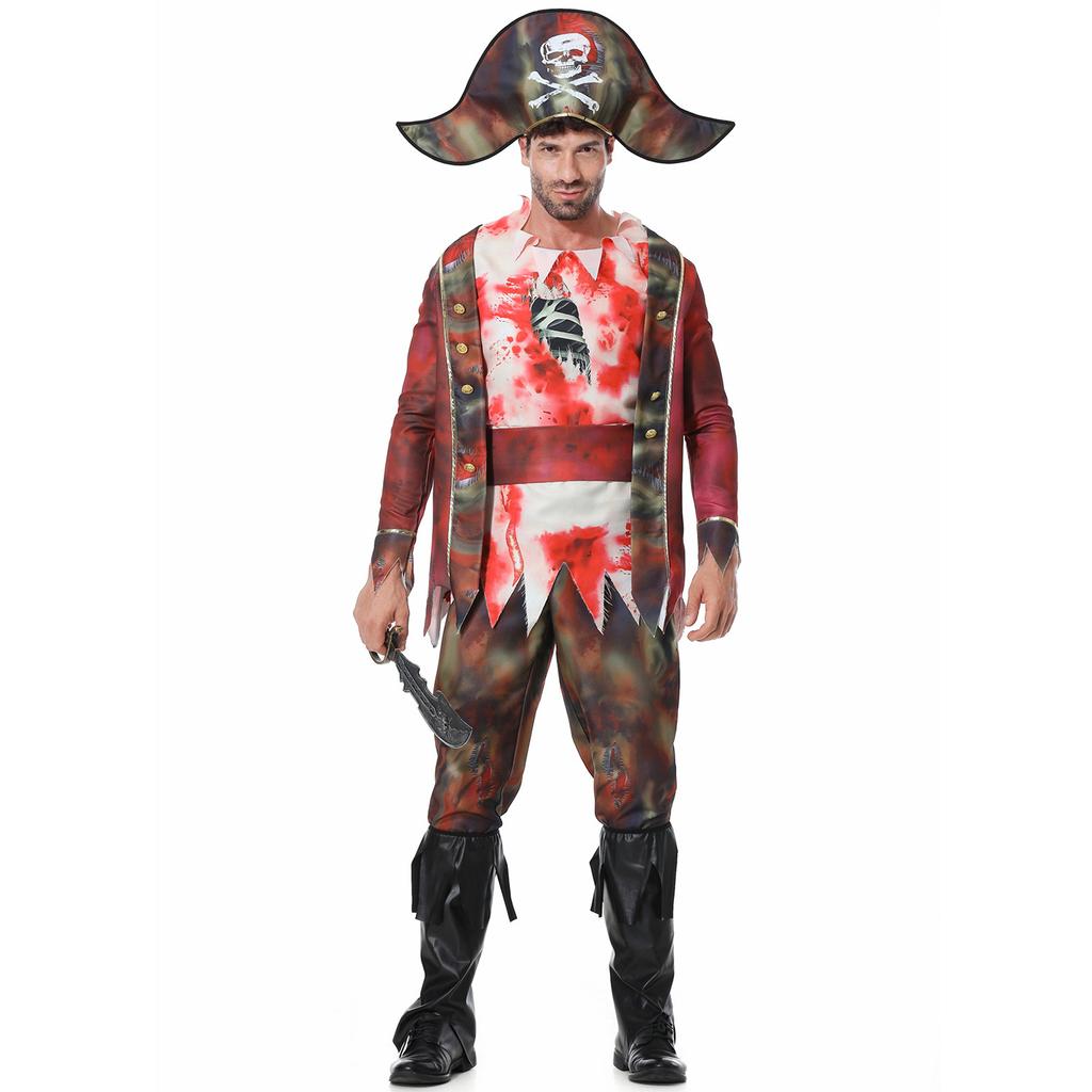 Men's Pirates of the Caribbean Captain Costume Halloween Cos ONE PIECE Blood Stained Zombie Men's Pirate Costume