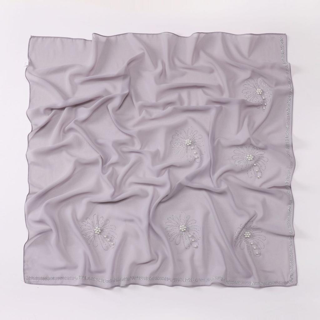 New Pearl Chiffon Daisy Rhinestone Beaded Square Scarf For Women