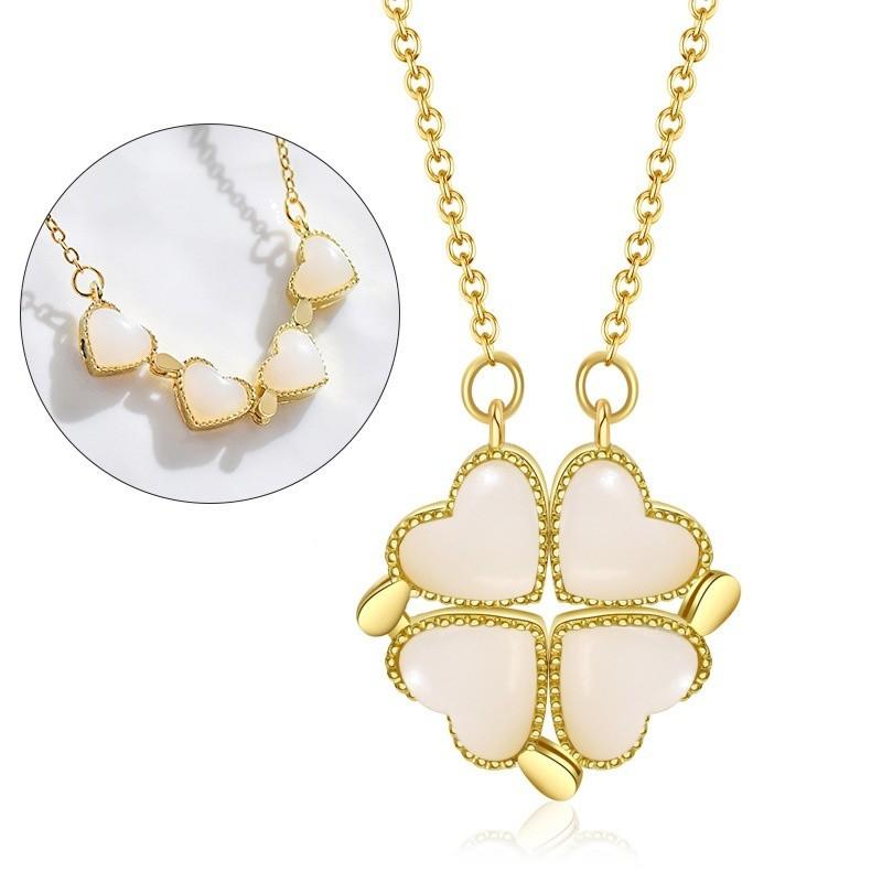 Captivating Titanium Steel Four Leaf Clover Heart Necklace Enhanced With Gold For A Dazzling Look