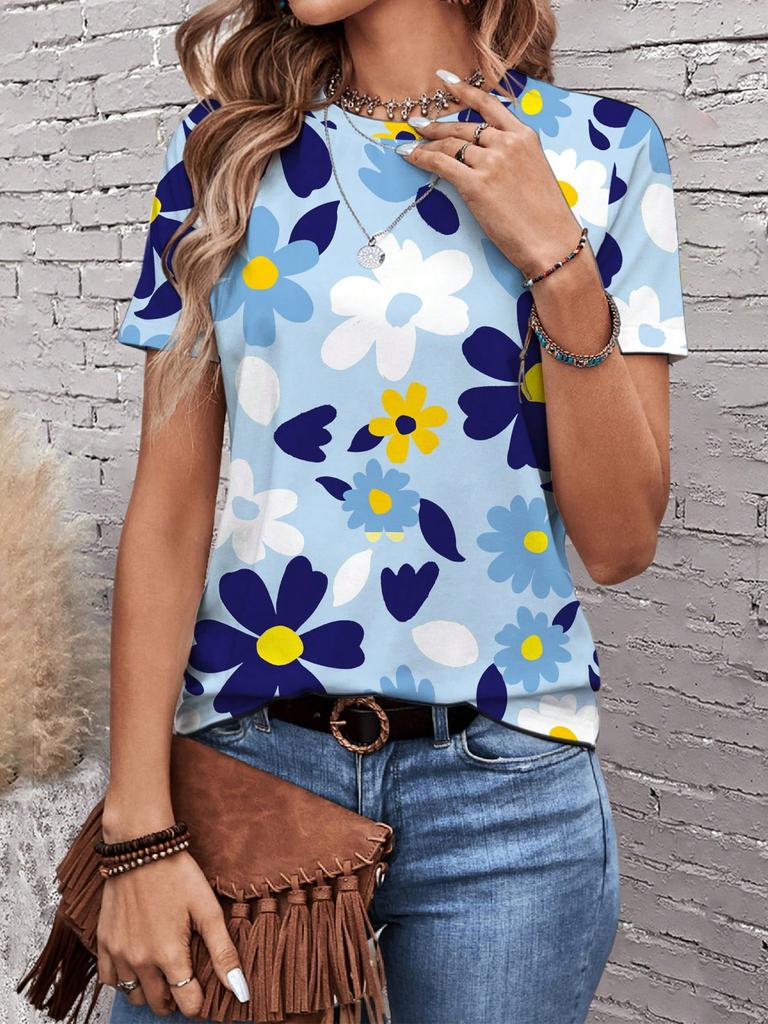 Sunflower Color Flower 3D Printing Women's T-shirt Casual Round Neck Short-sleeved Top Harajuku Y2k Tee Women's Clothing