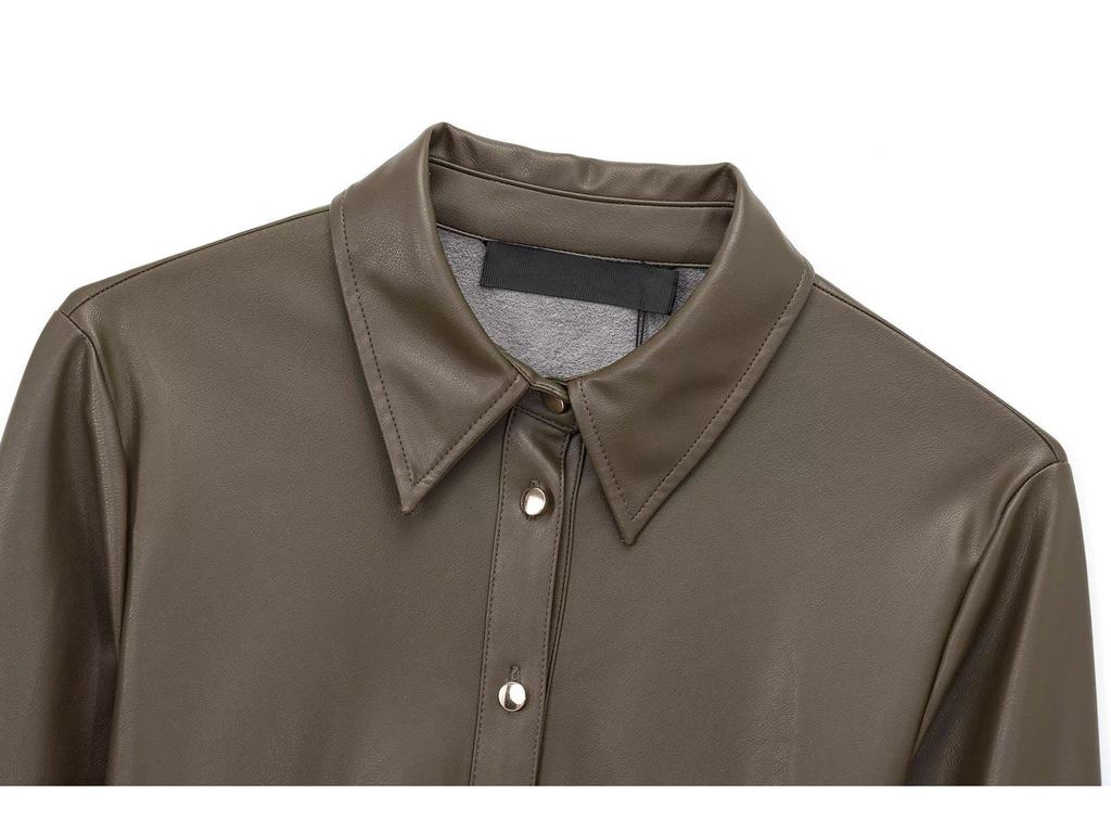 Women's 2025 Faux Leather Long-Sleeve Belted Shirt Dress – Winter Collection