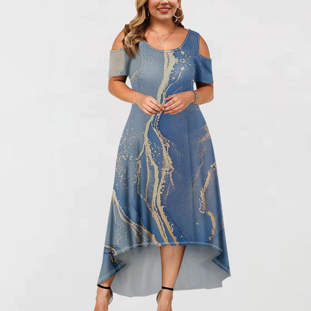 Women's Casual Fashion Printed Dress Round Neck Short Sleeve Pullover Dresses