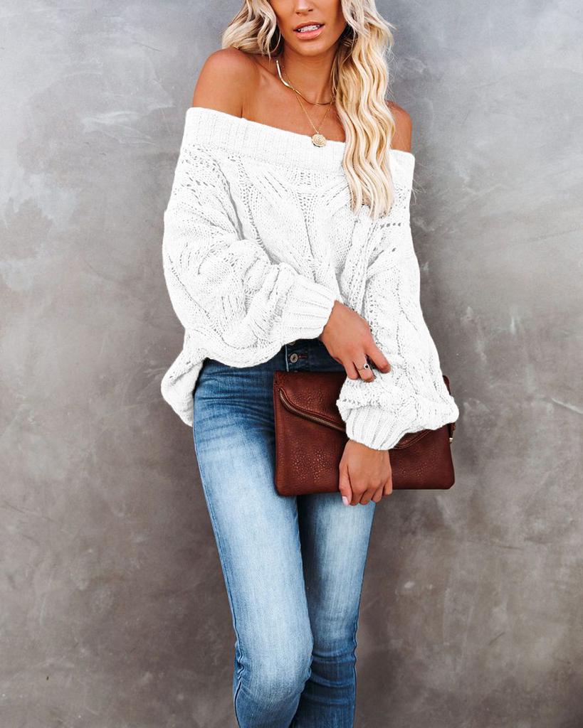 Autumn and winter new Temu hot-selling word shoulder loose knitted sweater solid color pullover sweater women